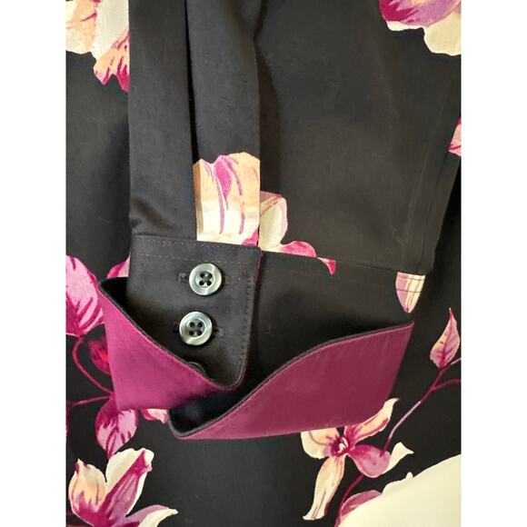 Chico’s Floral No-Iron Black Purple Sateen Button Up Shirt Cotton Size 1 = 8/10 - Picture 13 of 13